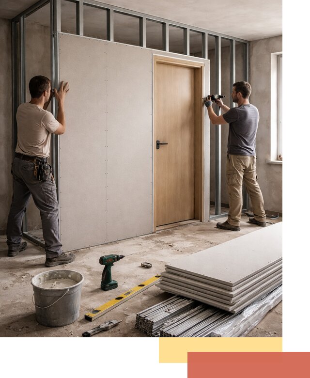 Перегородка из гипсокартона с дверью под ключ в Арсеньеве