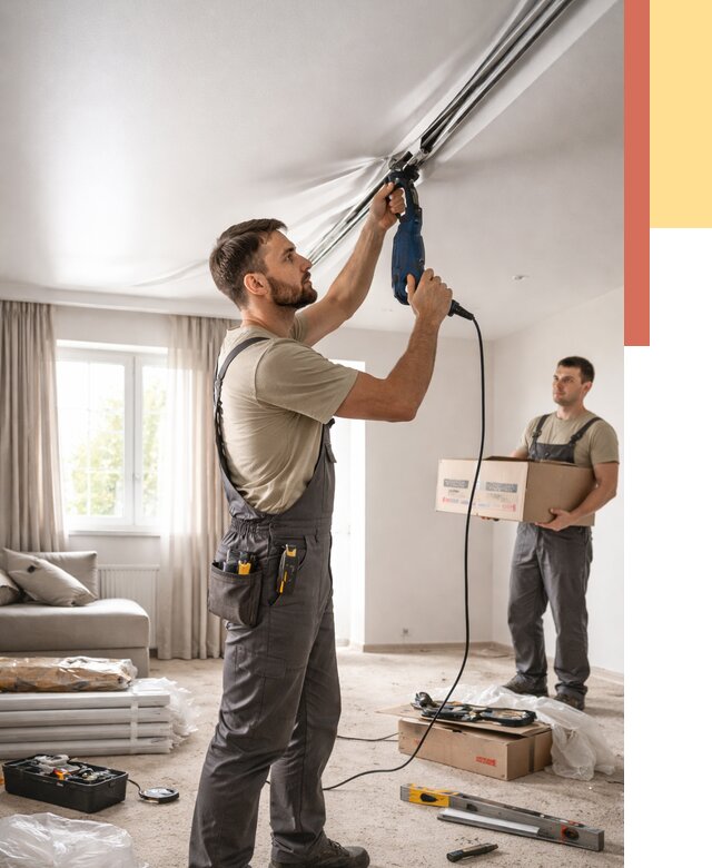 Монтаж сатинового натяжного потолка в Арсеньеве от 3598 руб. | Быстро, недорого — ОТДЕЛОЧНИК-Рсн