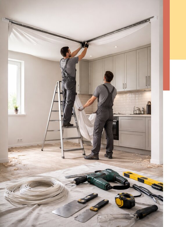 Установка натяжного потолка на кухне в Арсеньеве от 2467 руб. | ОТДЕЛОЧНИК-Рсн