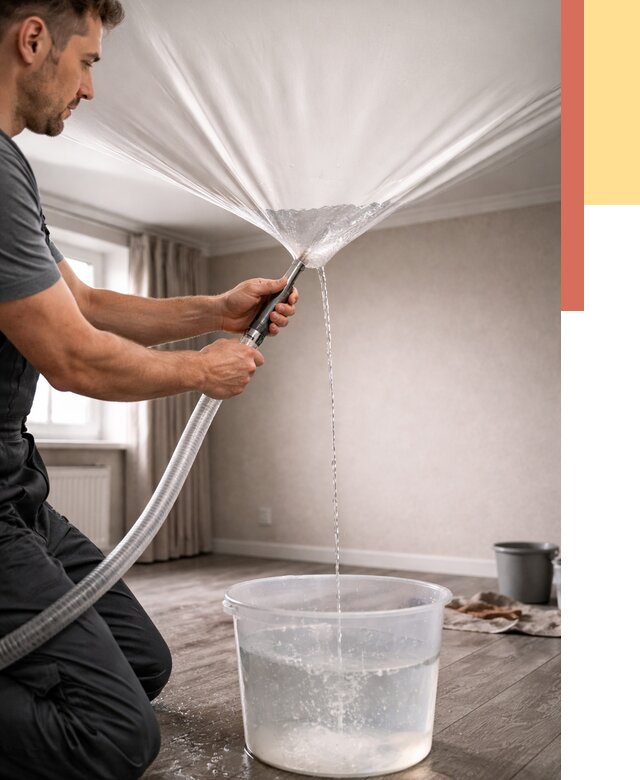 Слив воды с натяжного потолка в Арсеньеве от 2570 руб. быстро и недорого | ОТДЕЛОЧНИК-Рсн