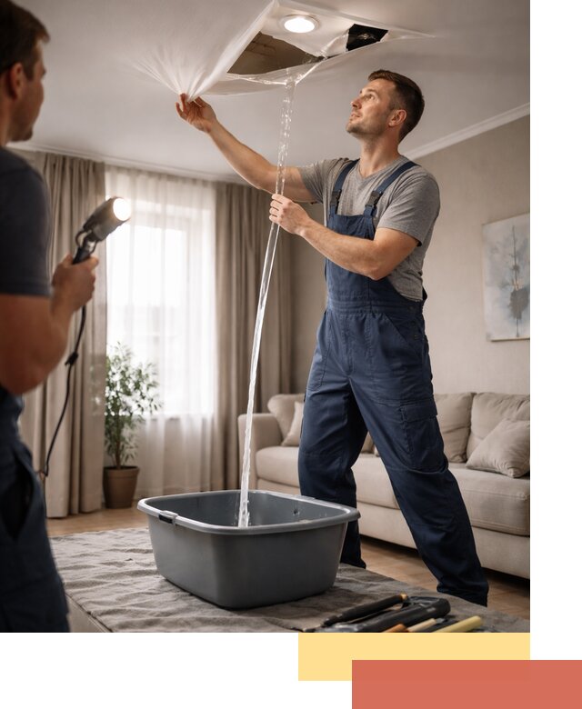 Слив воды с натяжного потолка в Арсеньеве быстро и аккуратно