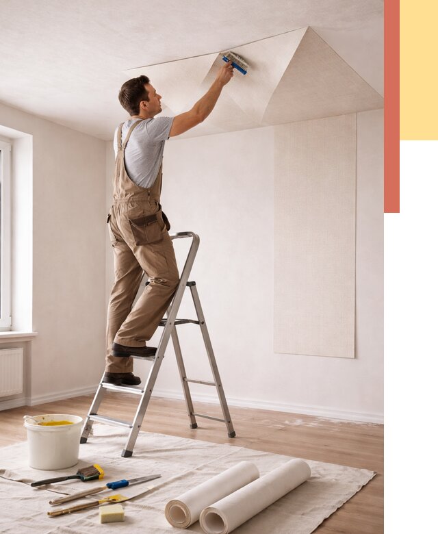 Поклейка обоев на потолок в Арсеньеве от 4626 руб. быстро и недорого | ОТДЕЛОЧНИК-Рсн